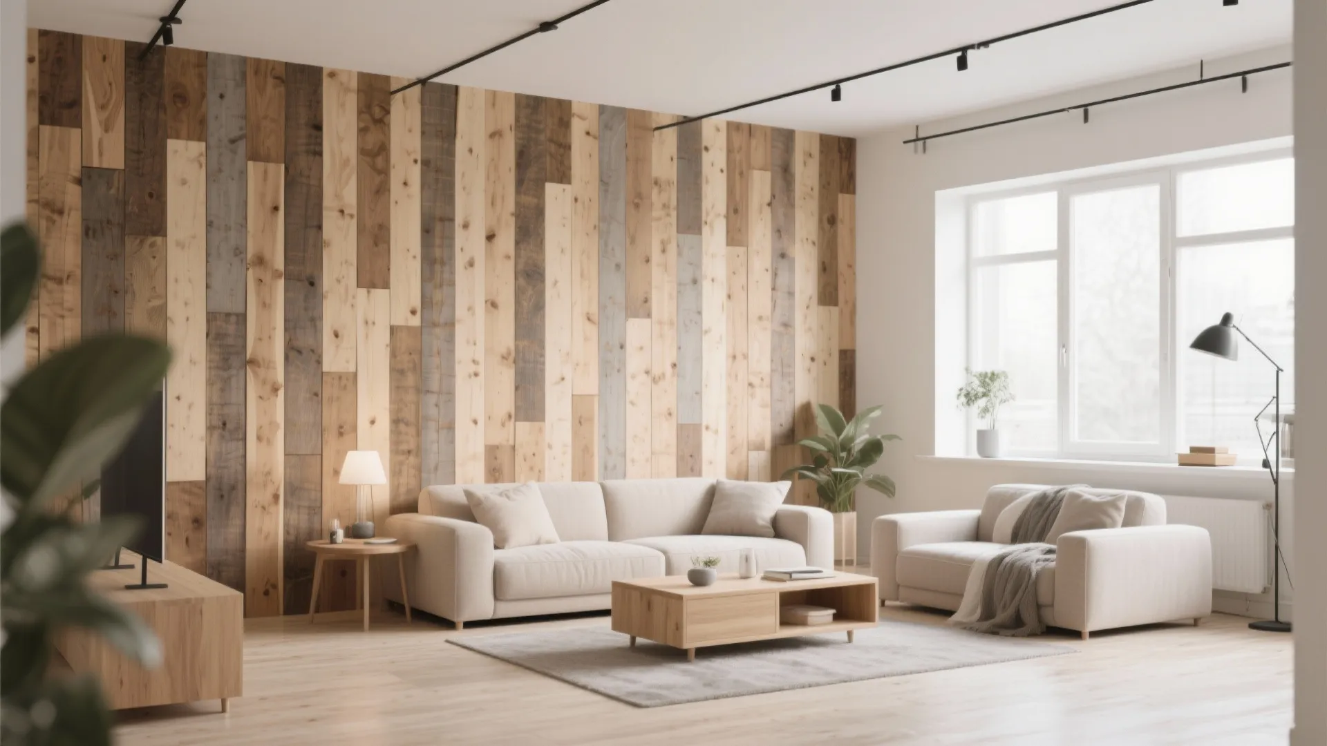 Mixed width wood plank wall in a Scandinavian loft