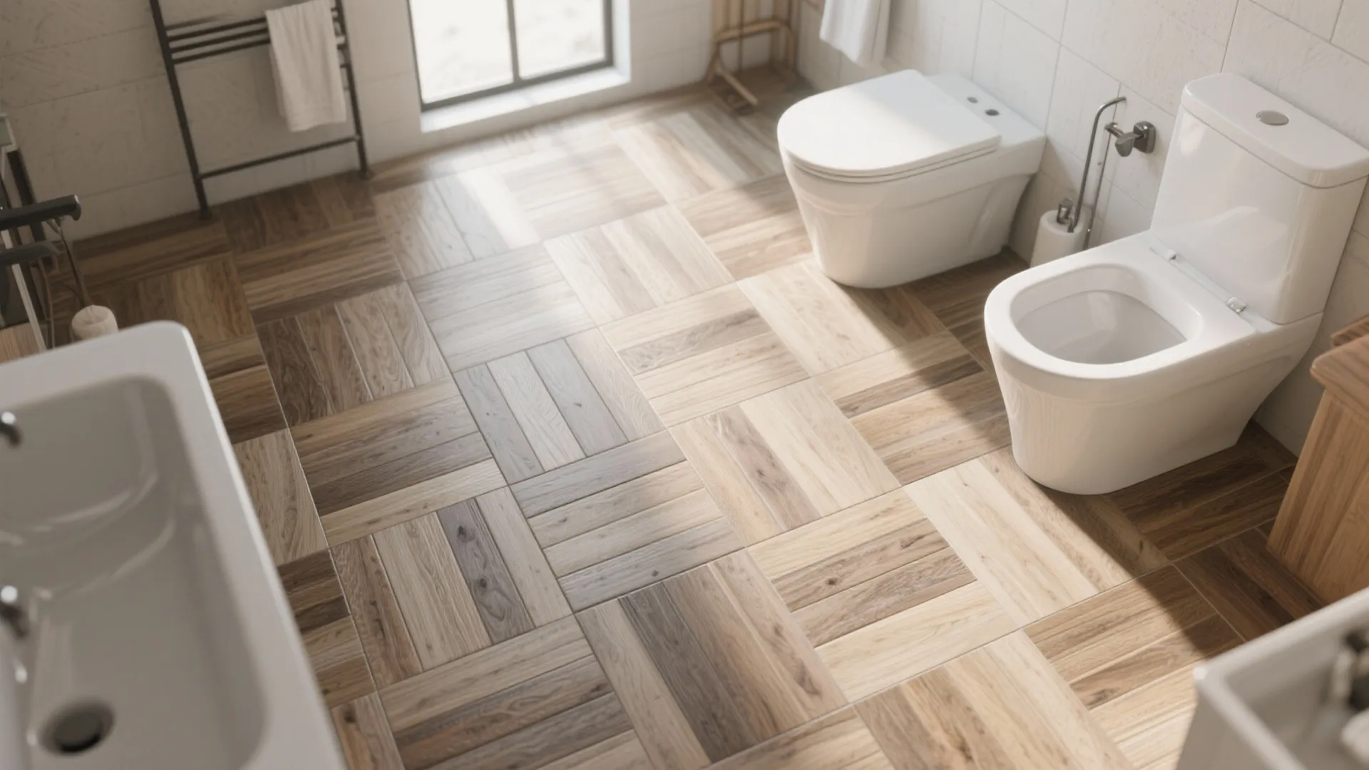 Bathroom floor featuring patterned wooden tiles with white toilets, a bathtub, and bright window light