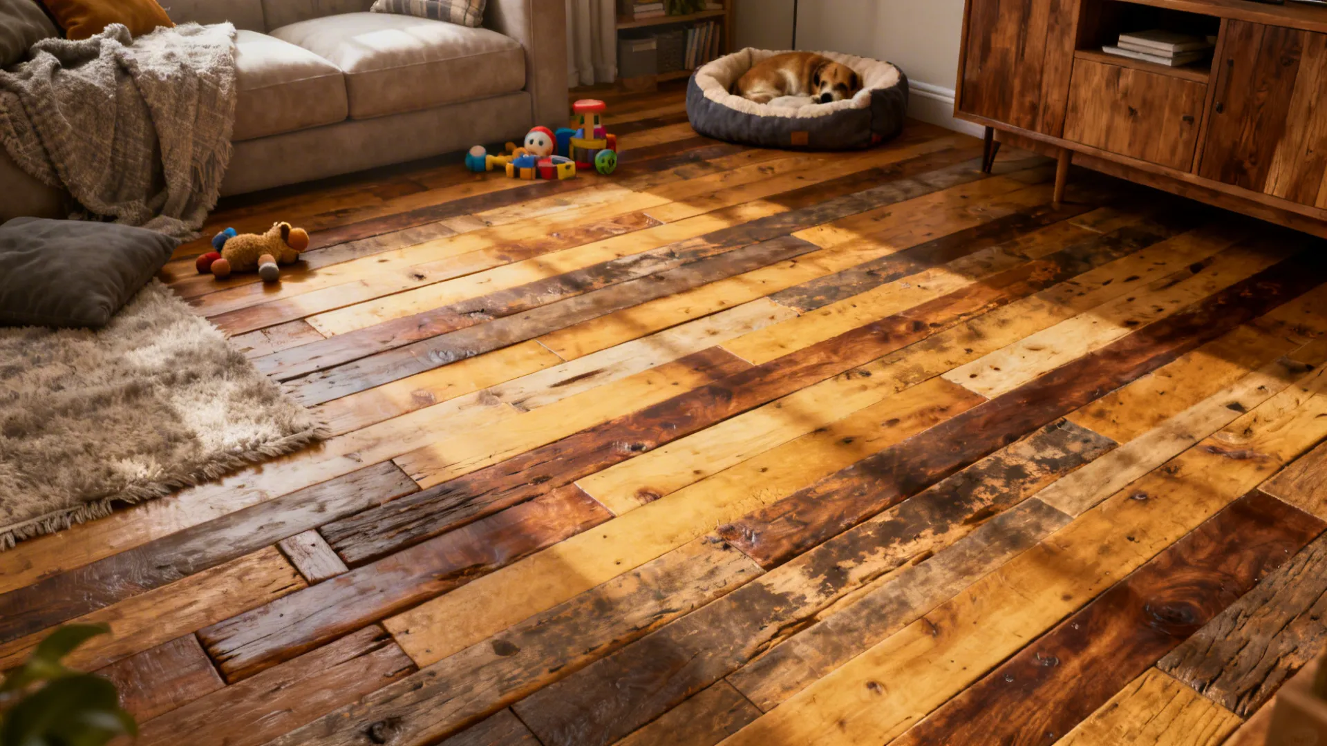 Cozy living room with mixed-width reclaimed wood planks and warm, lived-in textures.