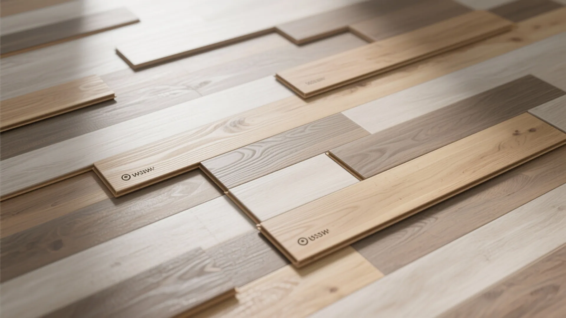 Close up of mixed color wood floor planks showing natural grain patterns in a room