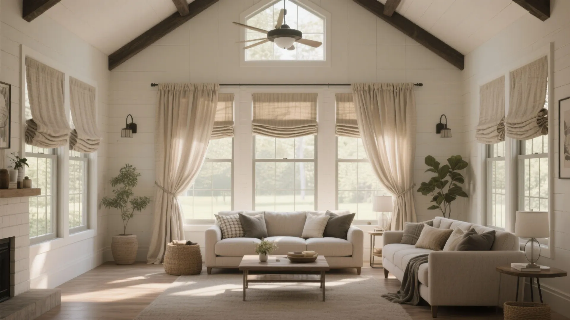 Farmhouse living room with mixed window treatments