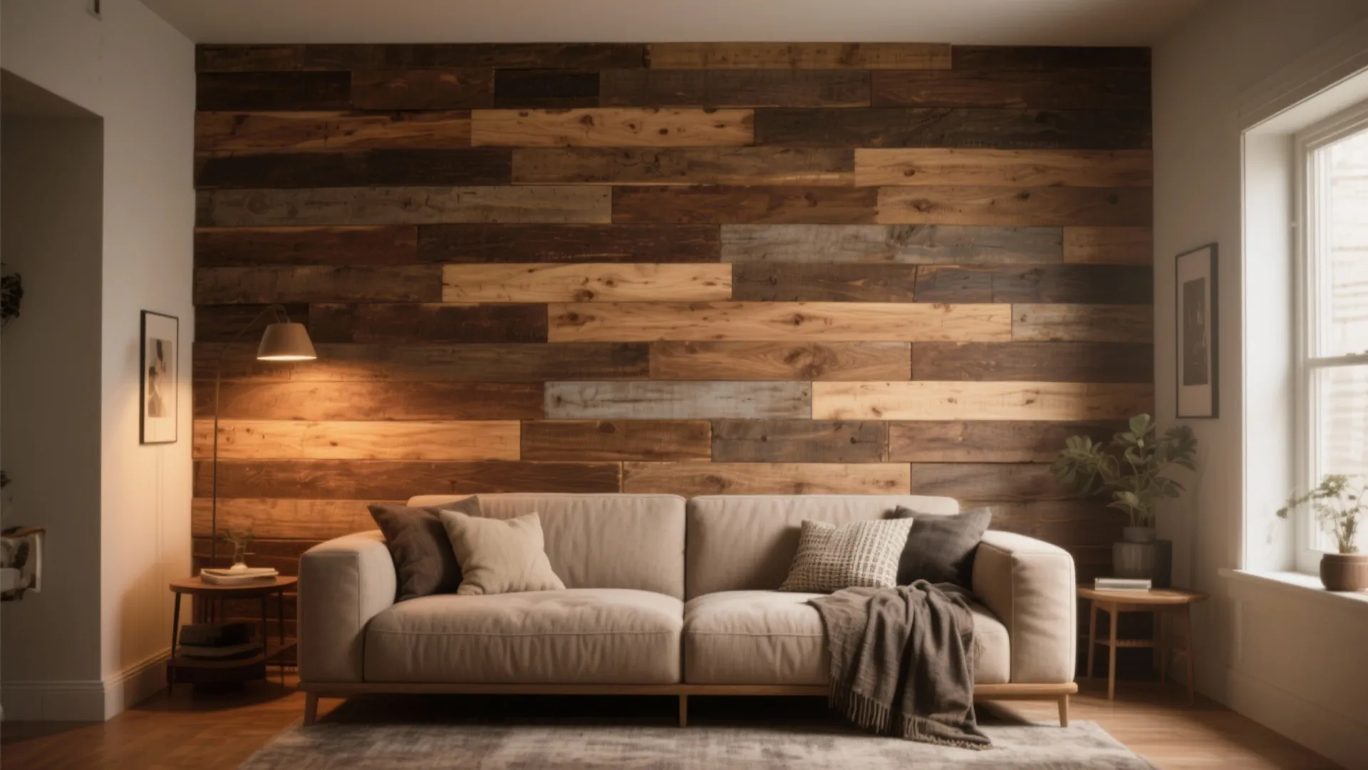 Cozy living room featuring a dark wood plank wall beige sofa floor lamp and natural window