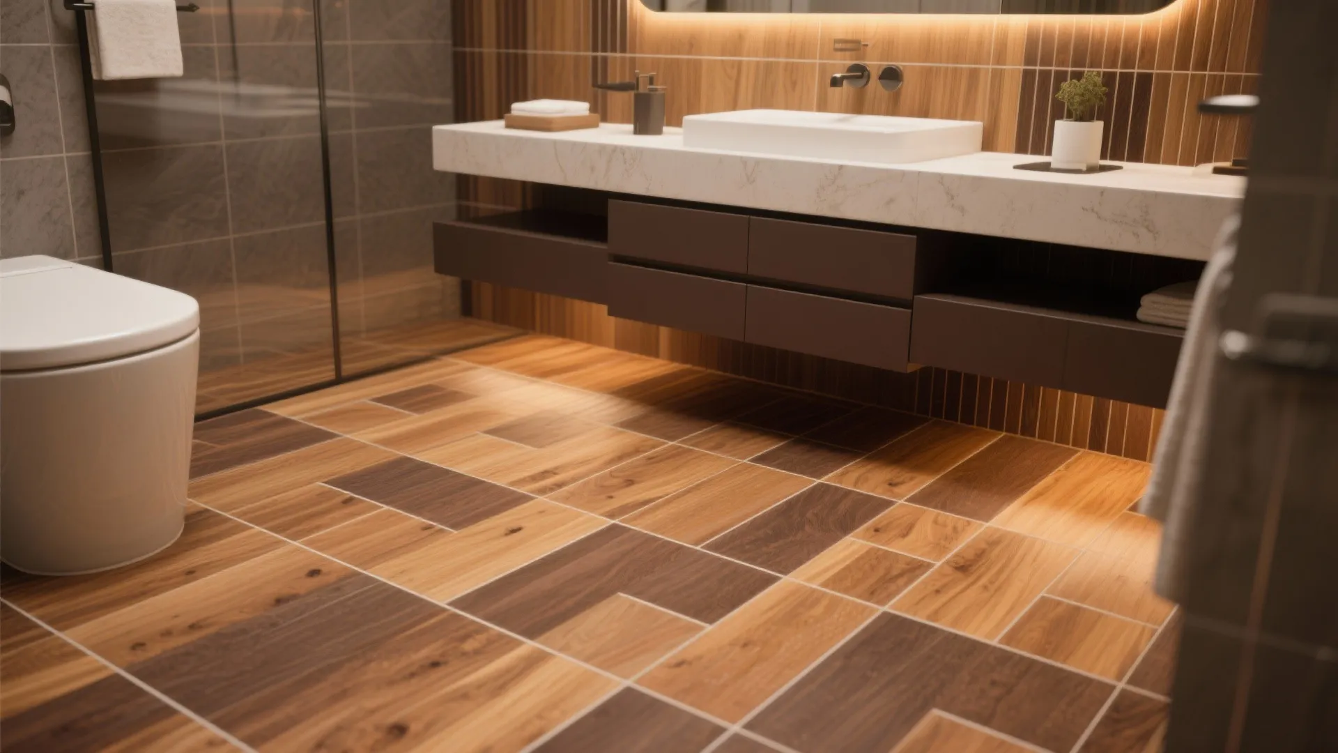 Modern bathroom with wooden floor tiles white sink brown cabinet toilet and warm wall lighting