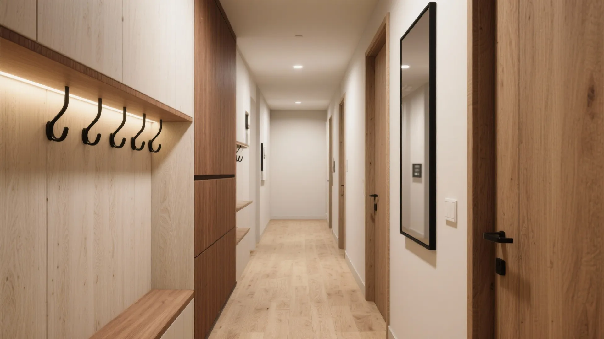 Modern hallway interior design with light wood cabinets black wall hooks a mirror and flooring