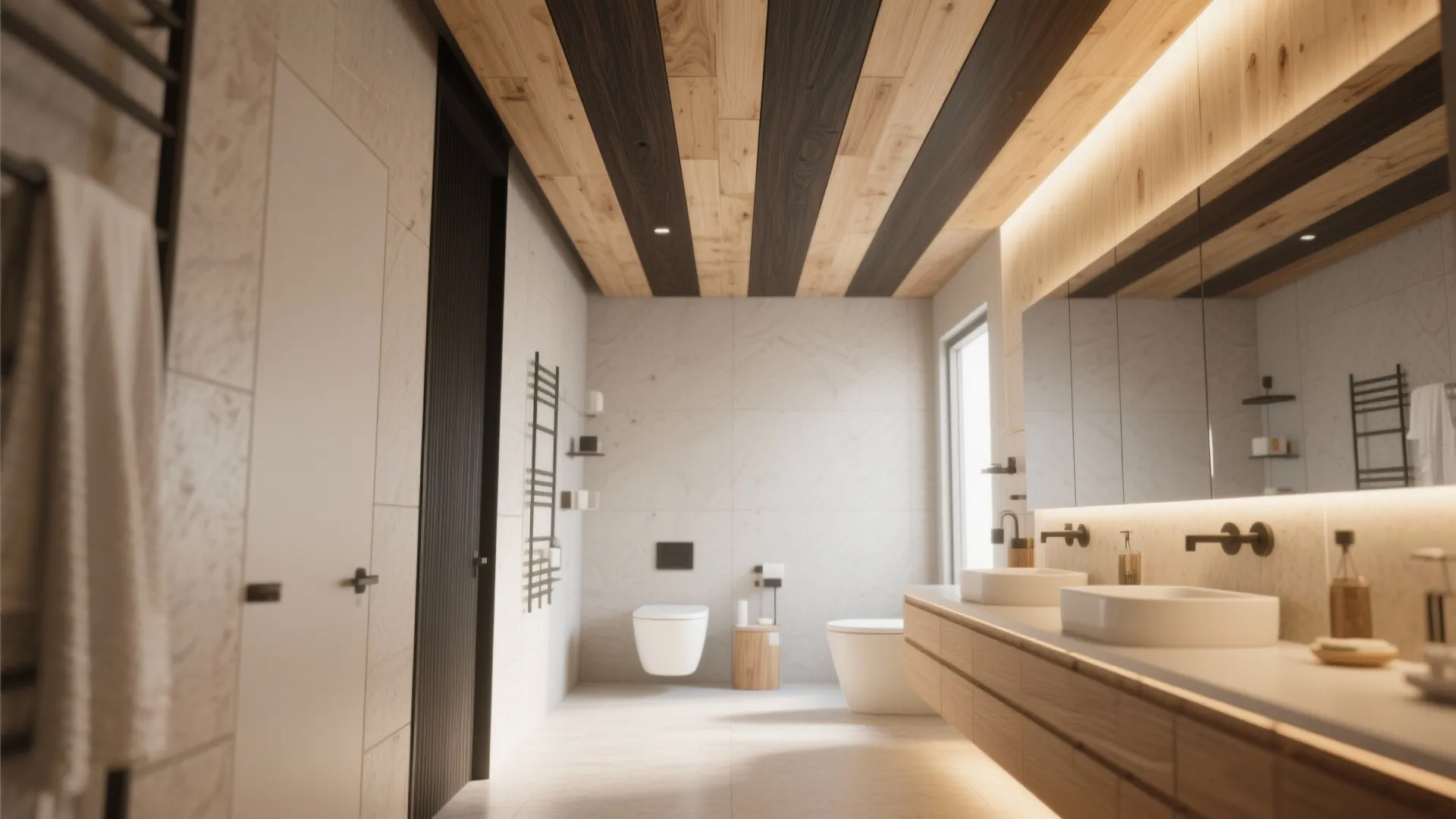 Bathroom with mixed light and dark wood ceiling strips