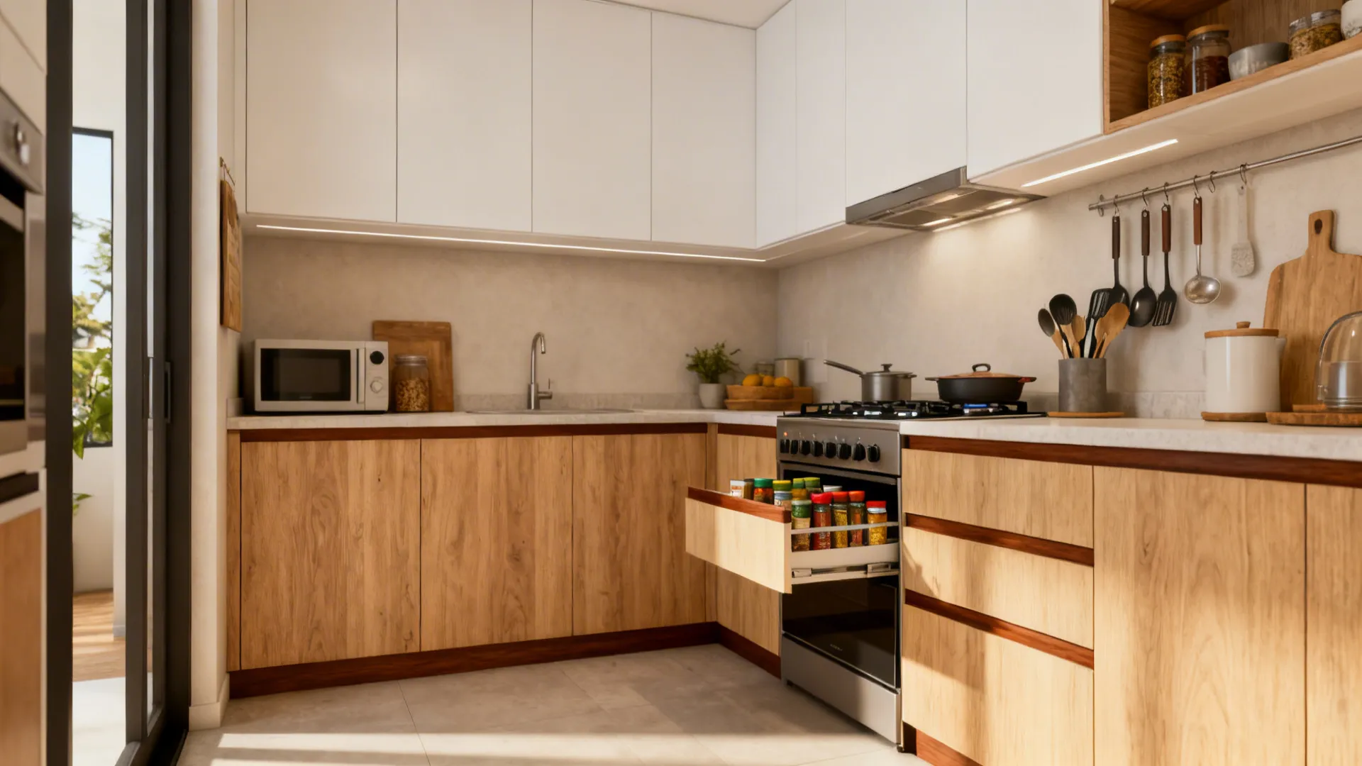 Small kitchen with light oak lowers, walnut trim, and compact drawer stacks by the cooktop.