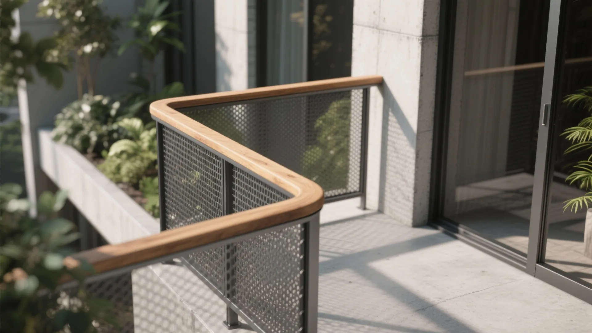 Mixed-material balcony railing with a rounded wood cap and textured perforated infill on a slim metal frame.