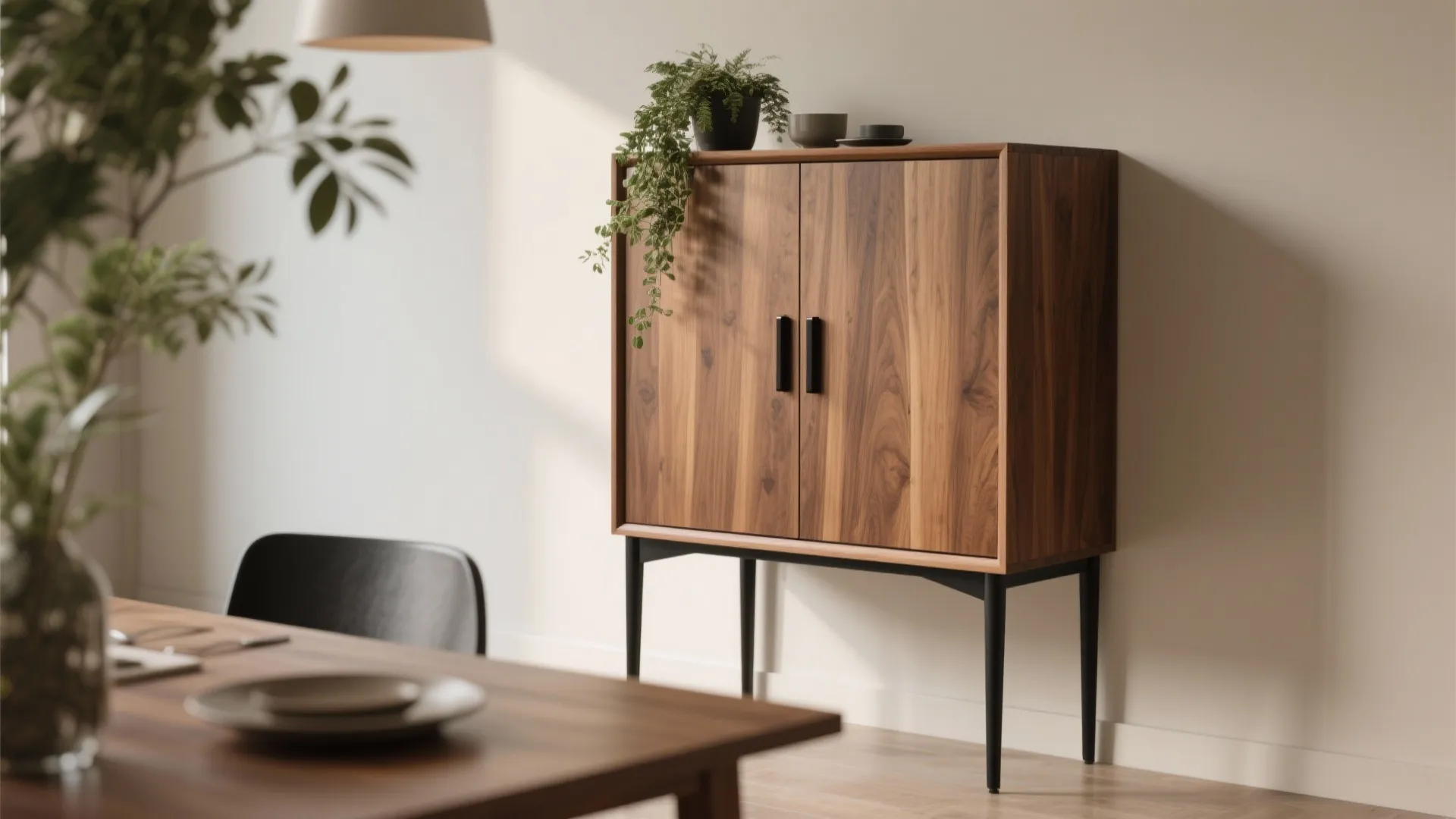 Mixed materials: warm wood meets matte metal