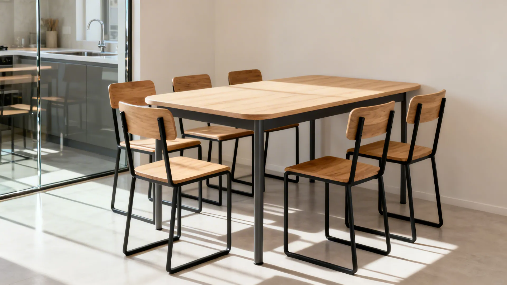 Slim wood-top dining table with black metal frame and six light-profile chairs.