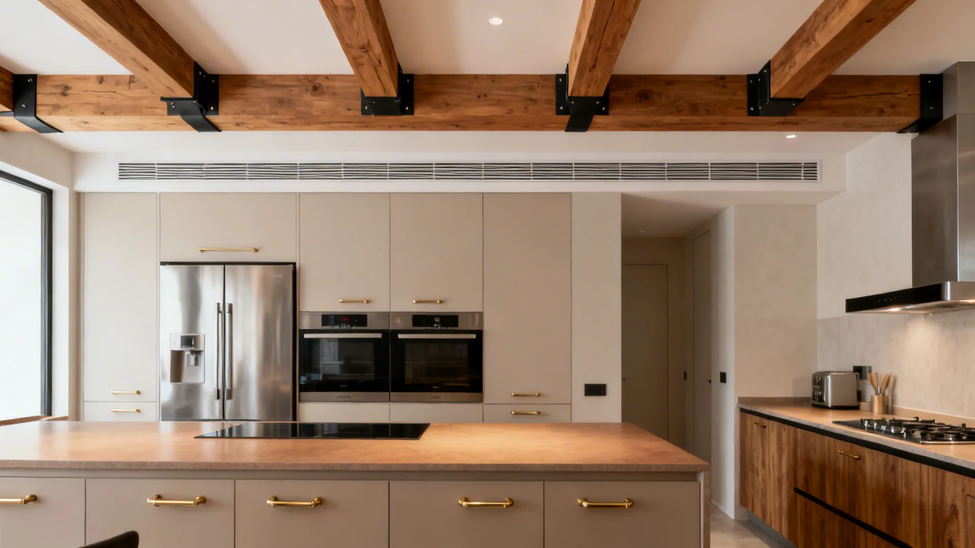 Contemporary kitchen with slim wood beams featuring blackened steel end straps.