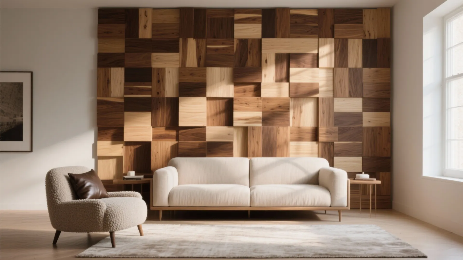 3) Mixed-Tone Wood Mosaic for a Statement Wall