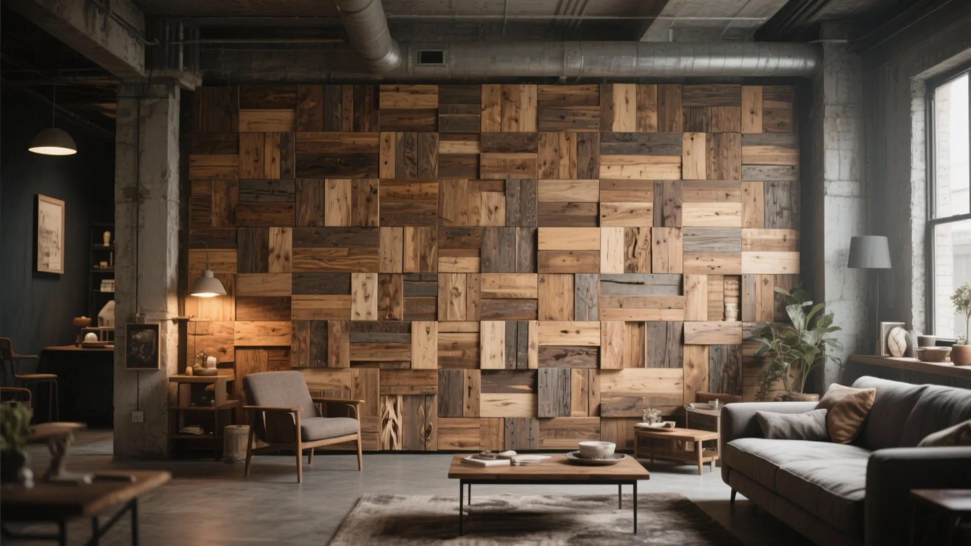Industrial living room featuring a mosaic wood wall panel with grey sofa and wooden chair