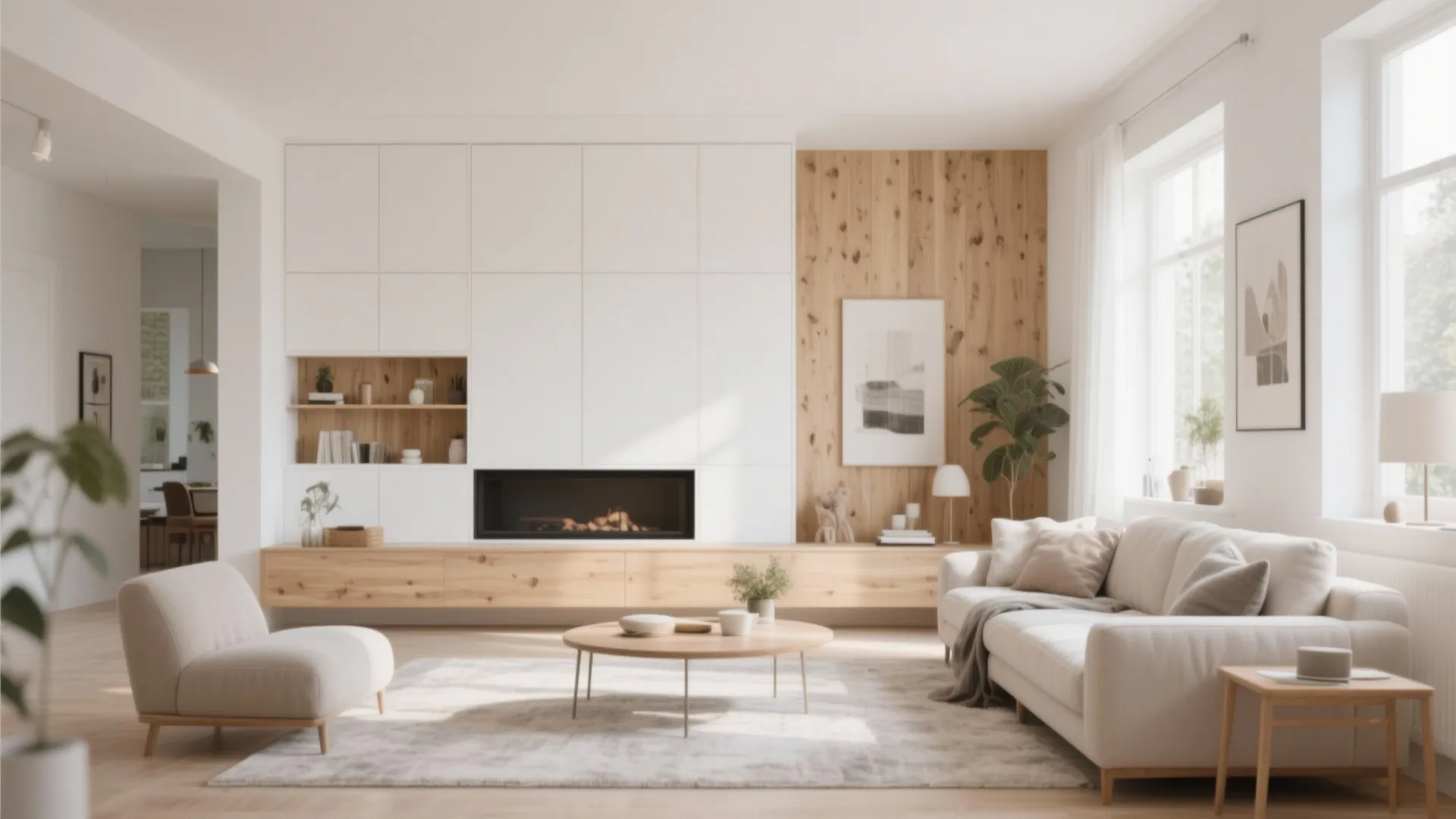 Bright minimalist living room with white cabinet, fireplace, light wood wall, and large white sofa