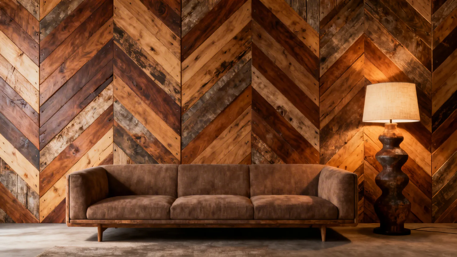 Feature wall of mixed wood panels in chevron pattern with varied warm tones.