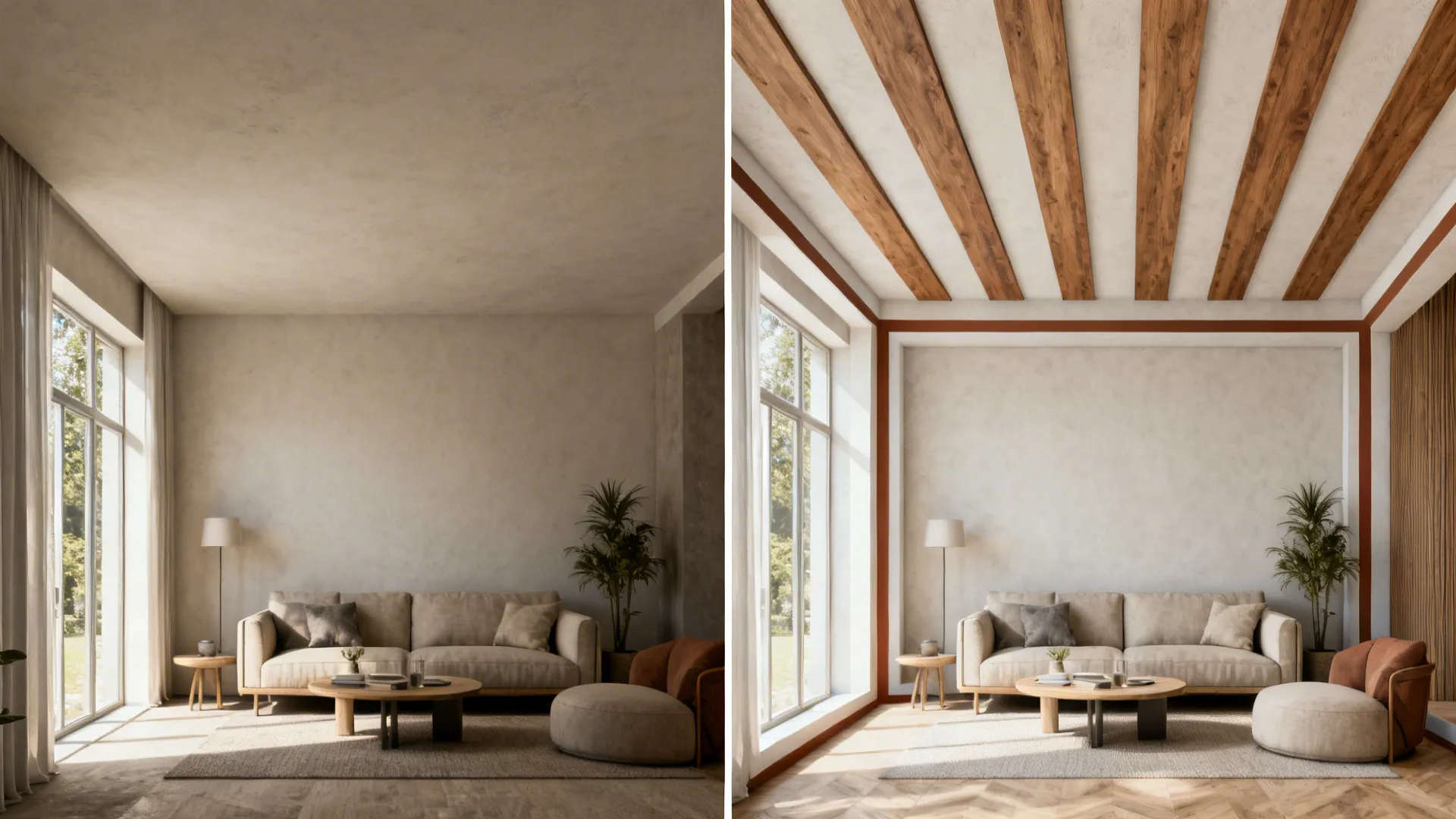 Before-and-after view showing plaster ceiling versus mixed wood and plaster bands framing the lounge area.