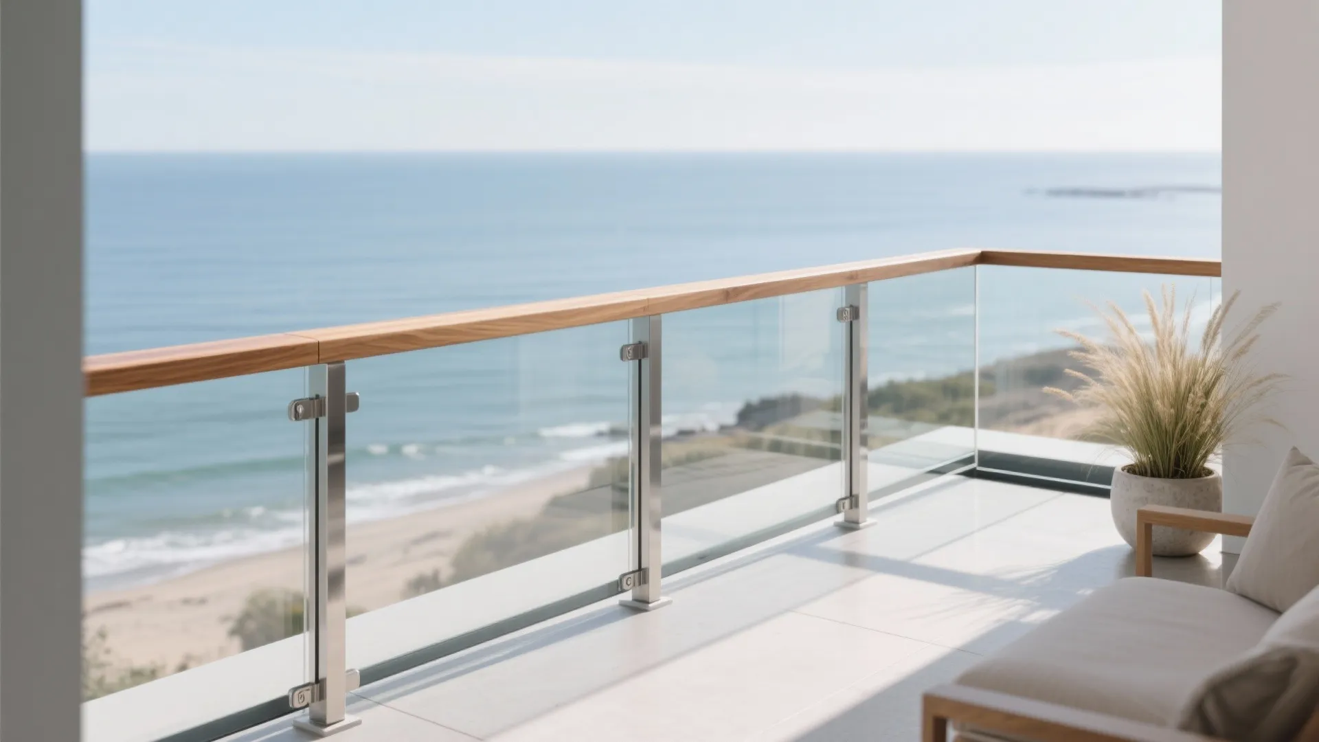 Modern balcony with glass railing and wood handrail overlooking blue ocean view and white floor