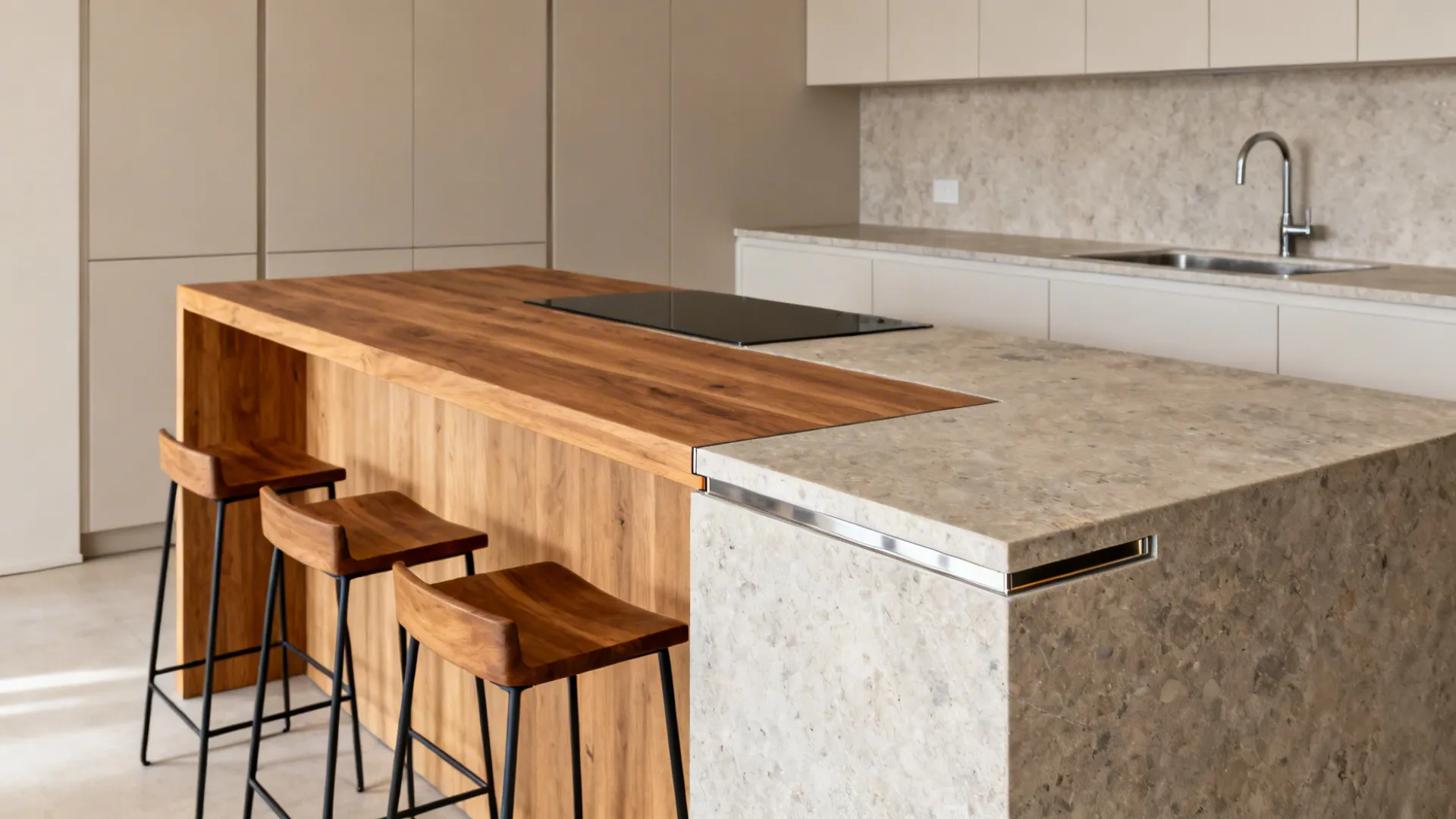Small kitchen with a breakfast bar combining a warm wood seating surface and a stone prep area.