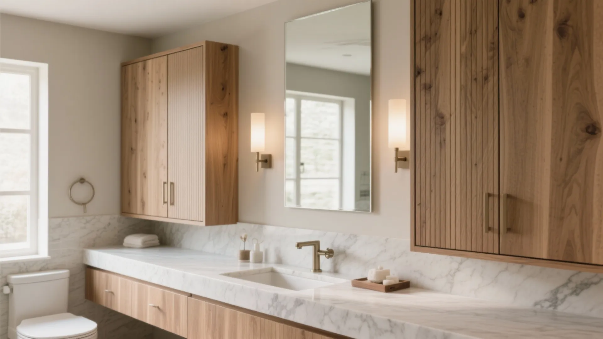 Warm wood, cool stone: mixed-material cabinet fronts