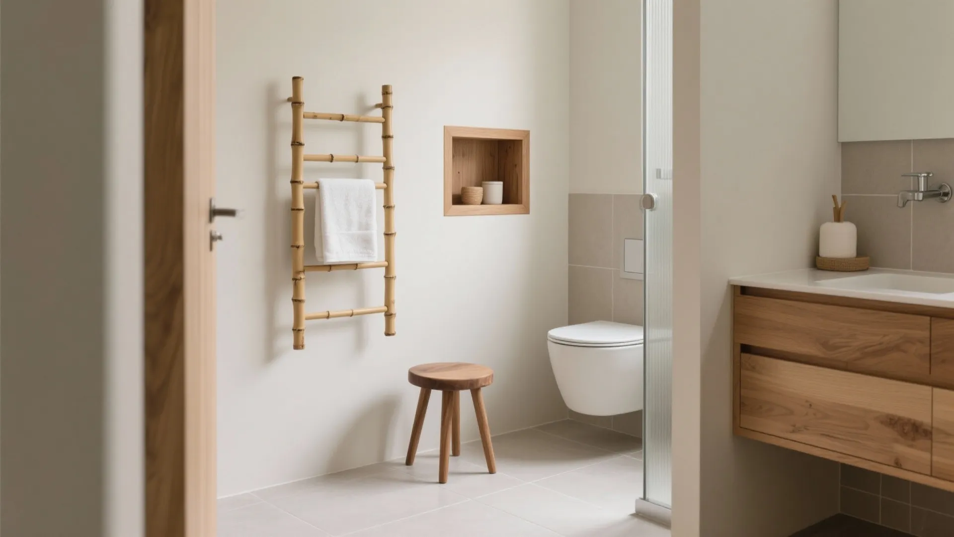 Bathroom corner with a bamboo ladder, oak stool, and a sealed wood storage niche.