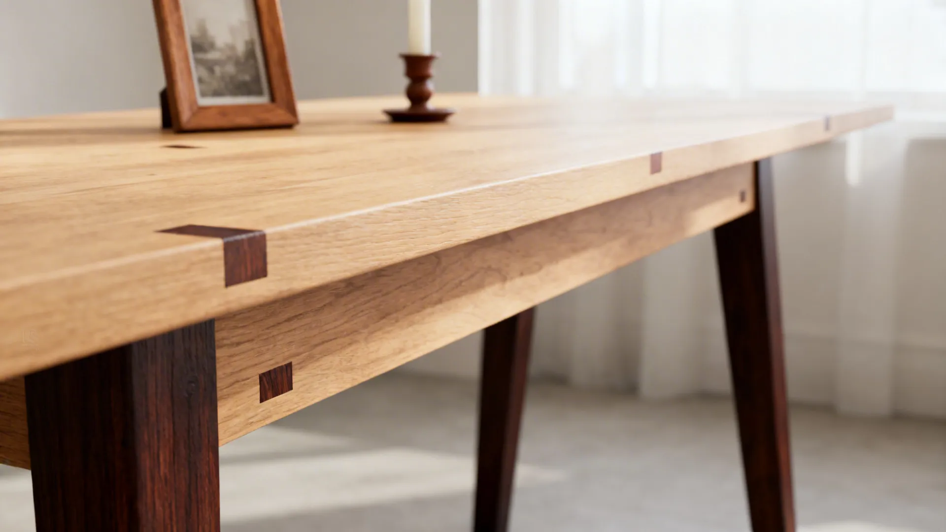 1. Mixed wood table with slim profile