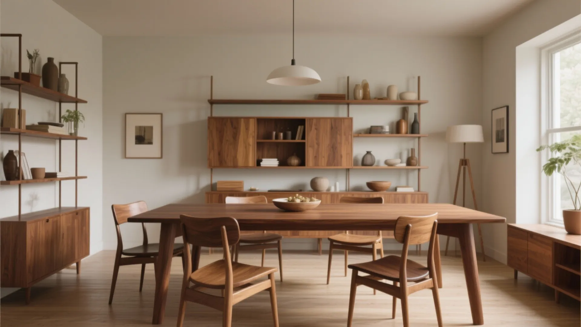 Modern dining room with large wooden table matching chairs wall shelves cabinet and white ceiling light