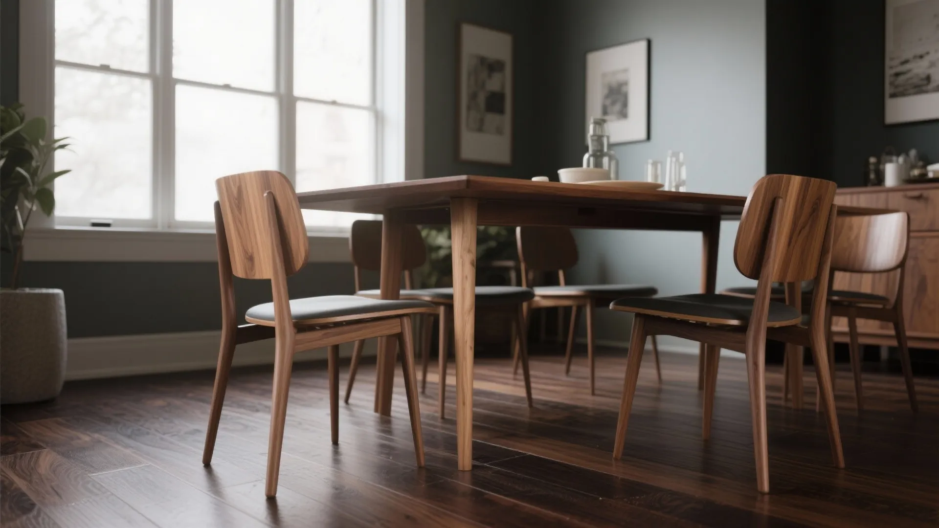 Modern dining area with wooden table, matching chairs, dark wood floor, and large bright windows