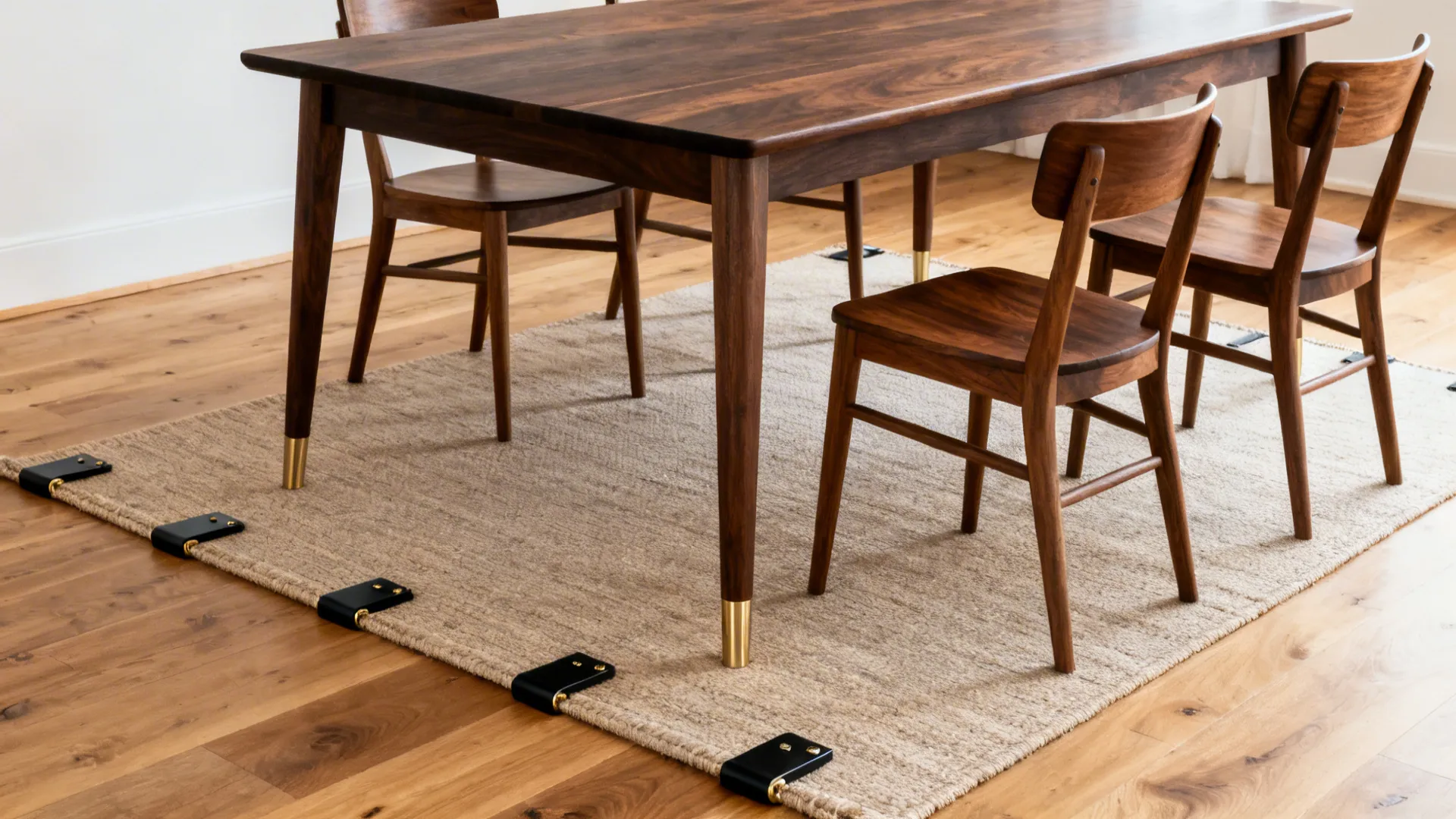 Dark wood dining table and matching chairs on a beige rug over light wooden floor