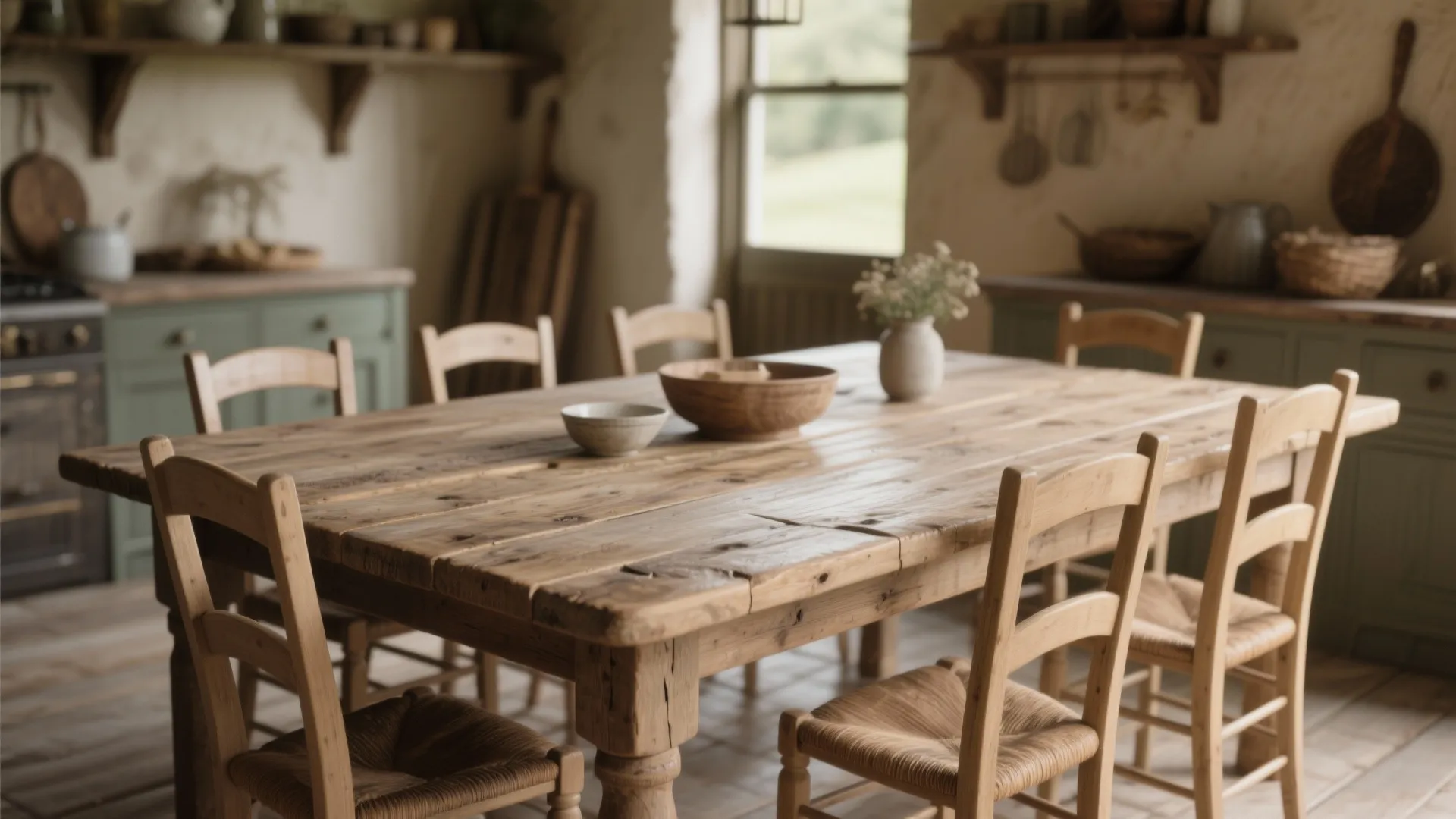 Close view of a heavy wooden dining table with chairs and green kitchen cabinets background
