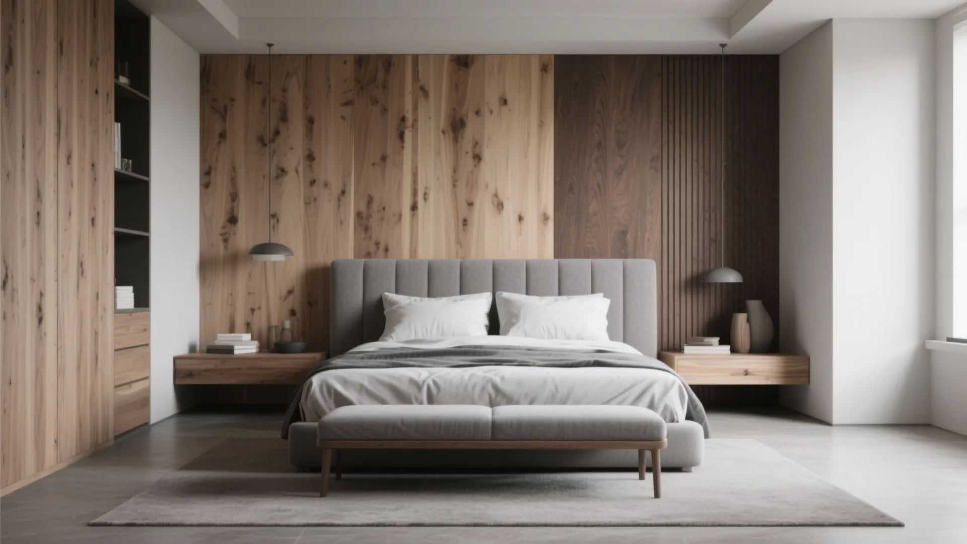 Bedroom with mixed wood finishes tied together by grey upholstered furniture and matte finishes.