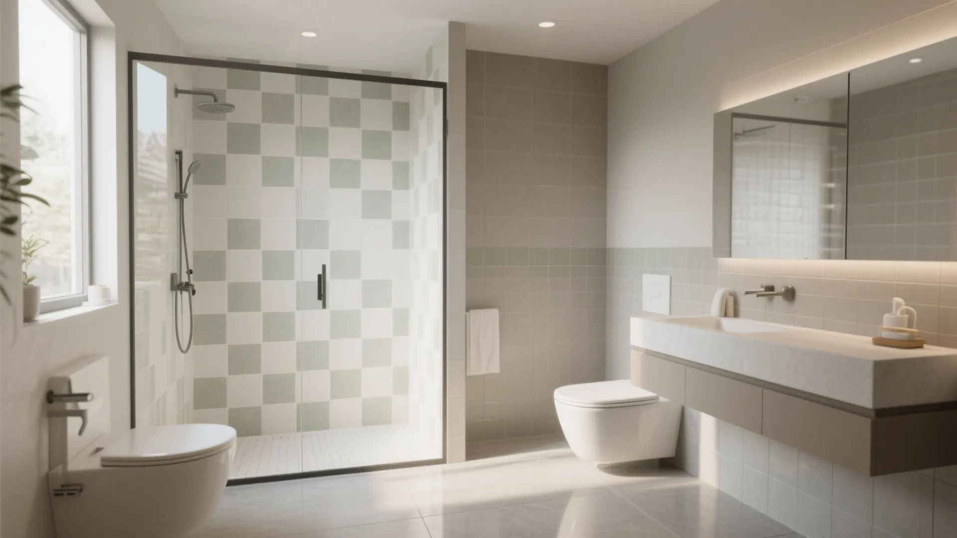 Zone wet/dry areas by mixing tile sizes calmly