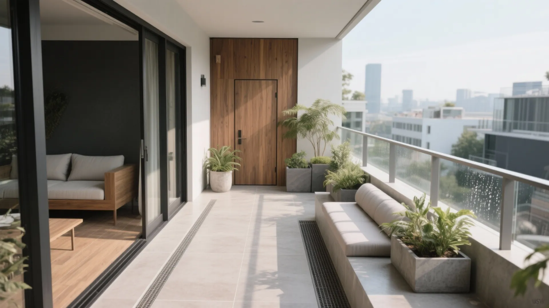 Balcony with microcement entry, wood-look lounge tiles, and a porcelain planter strip for splash control.