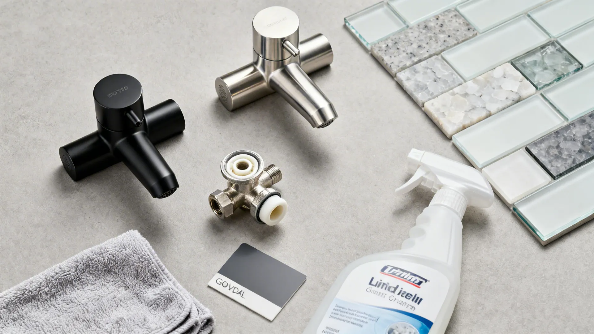 Black and silver water taps with cleaning spray and mosaic tiles on a grey surface