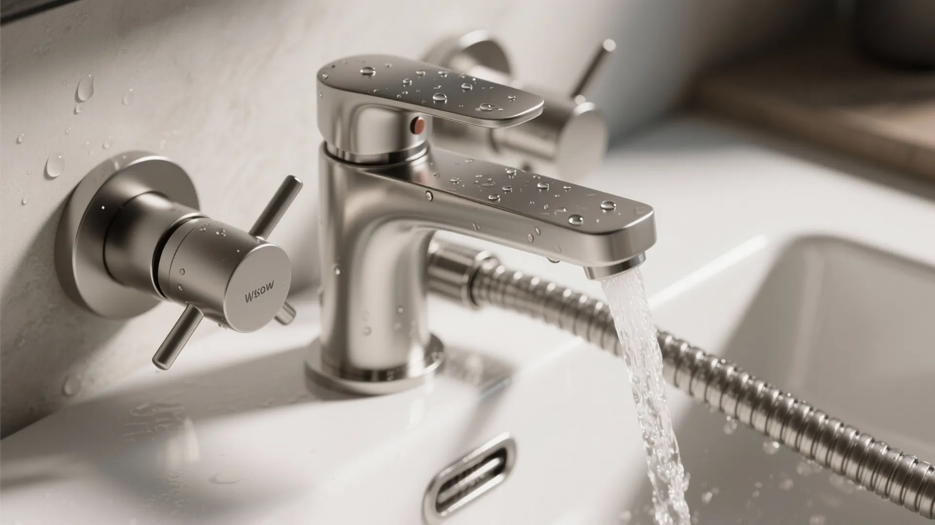 Modern silver water tap with running water drops on metal surface and a white sink