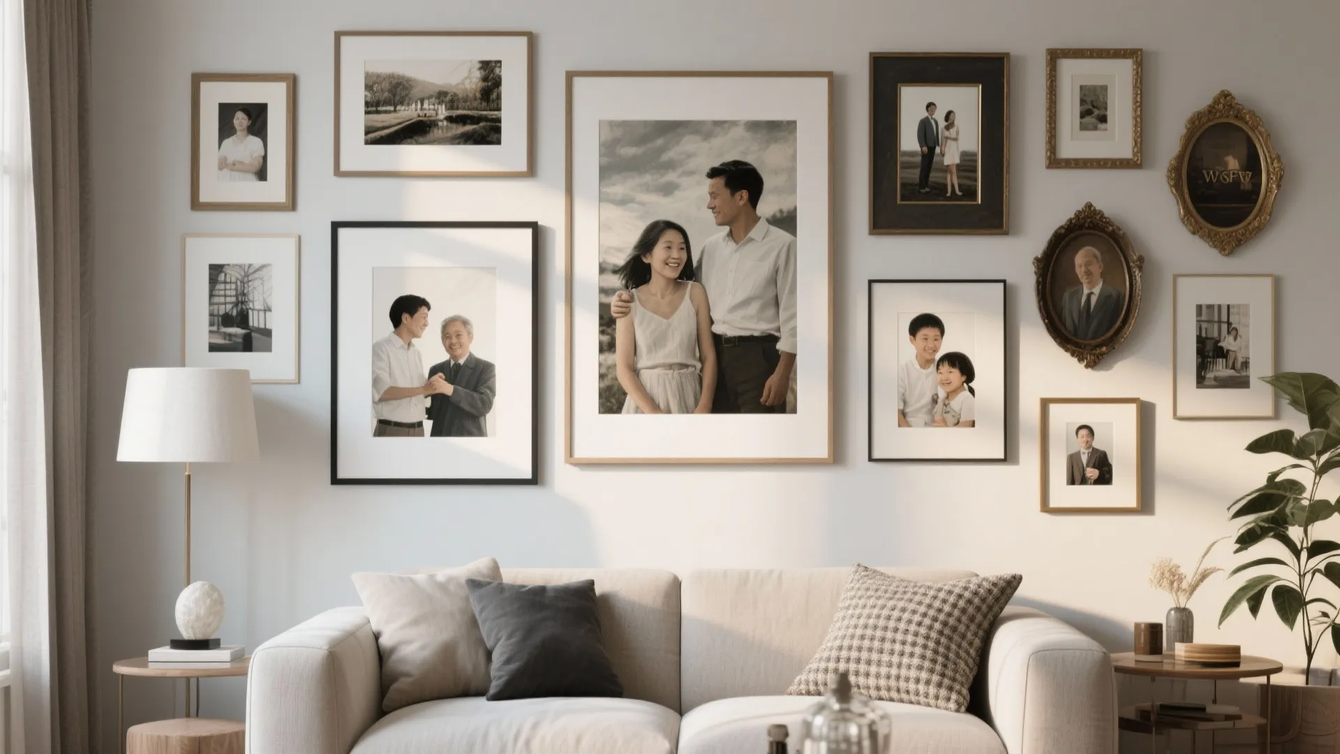 Bright living room wall decorated with family photos in various frames above white sofa cushions