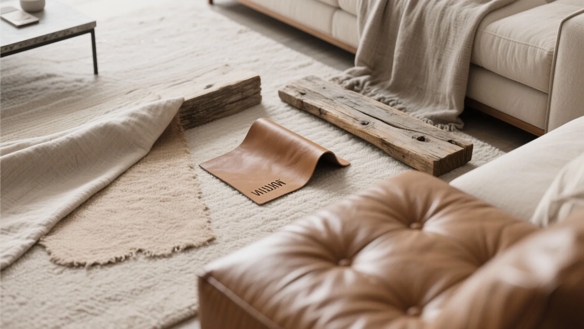 Flat lay of leather, linen, and reclaimed wood for living room design