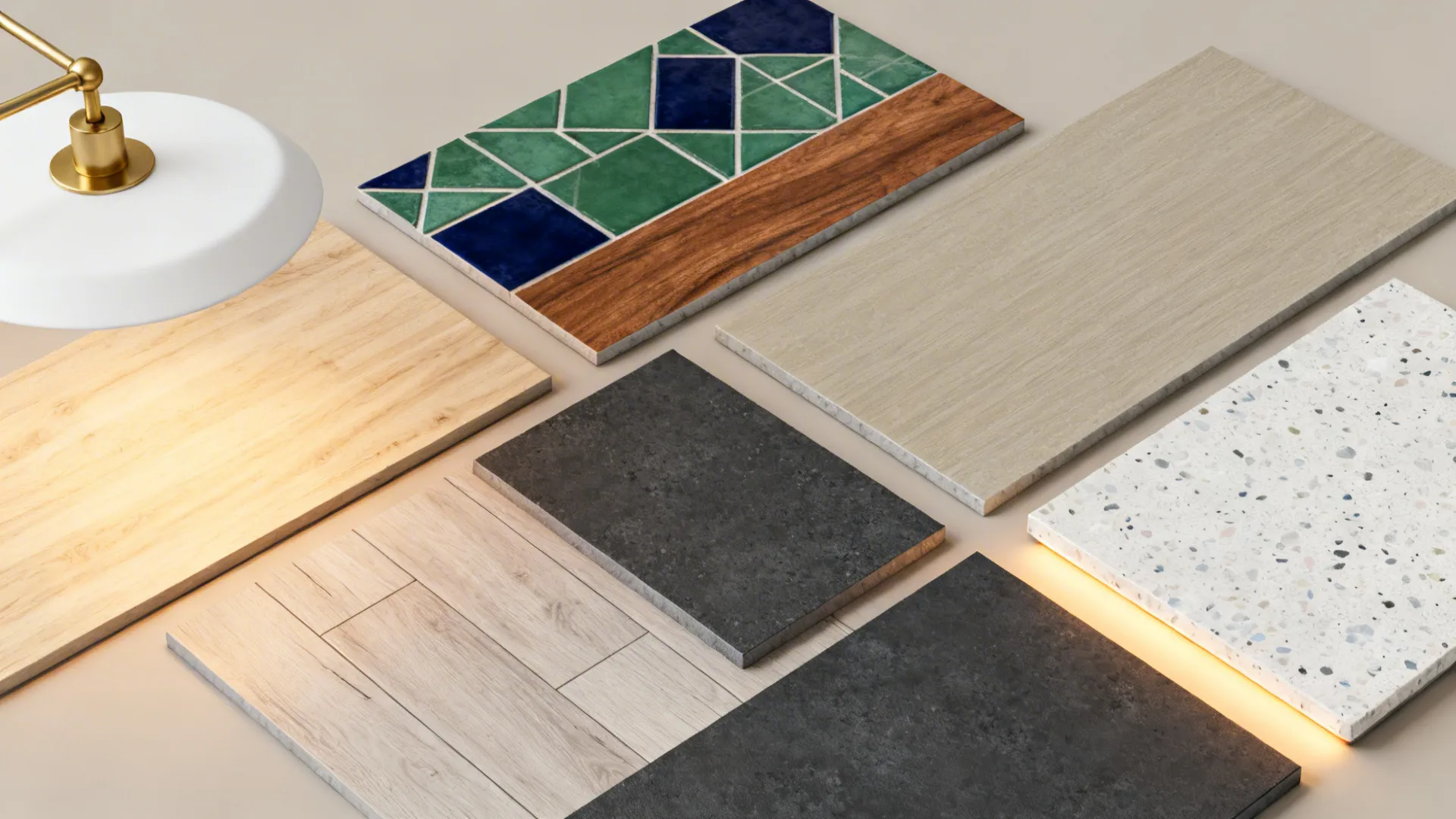 Grouped flat lay sets pairing cabinet colors with counters, backsplash, floors