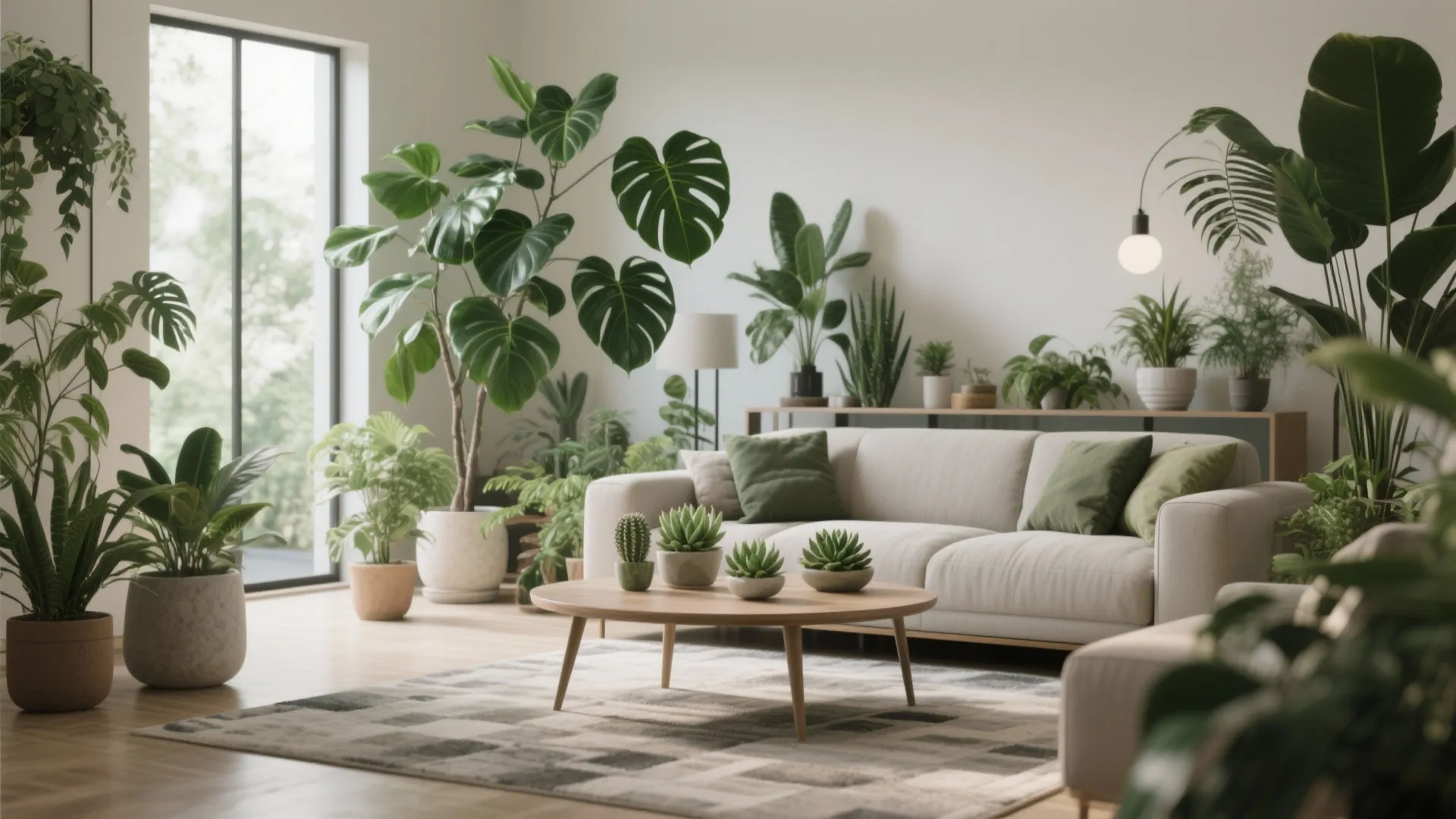 Living room with plants of various heights and textures