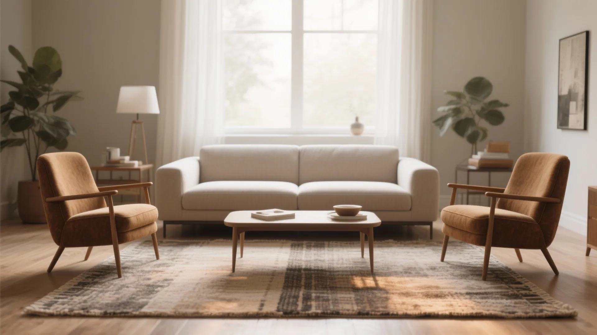 Modern living room with white sofa two orange chairs wooden coffee table and large patterned rug