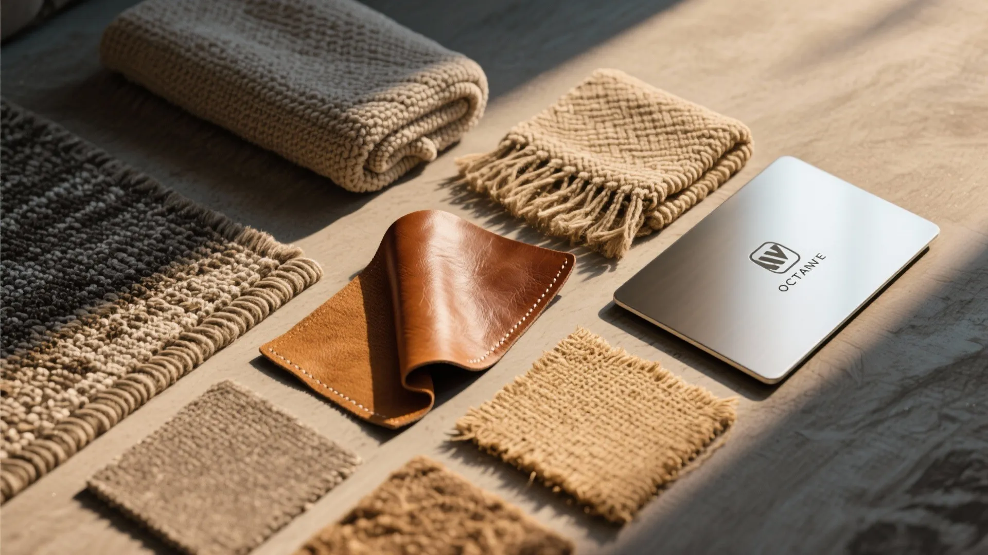 Flatlay showing leather, knit, jute, and metal textures