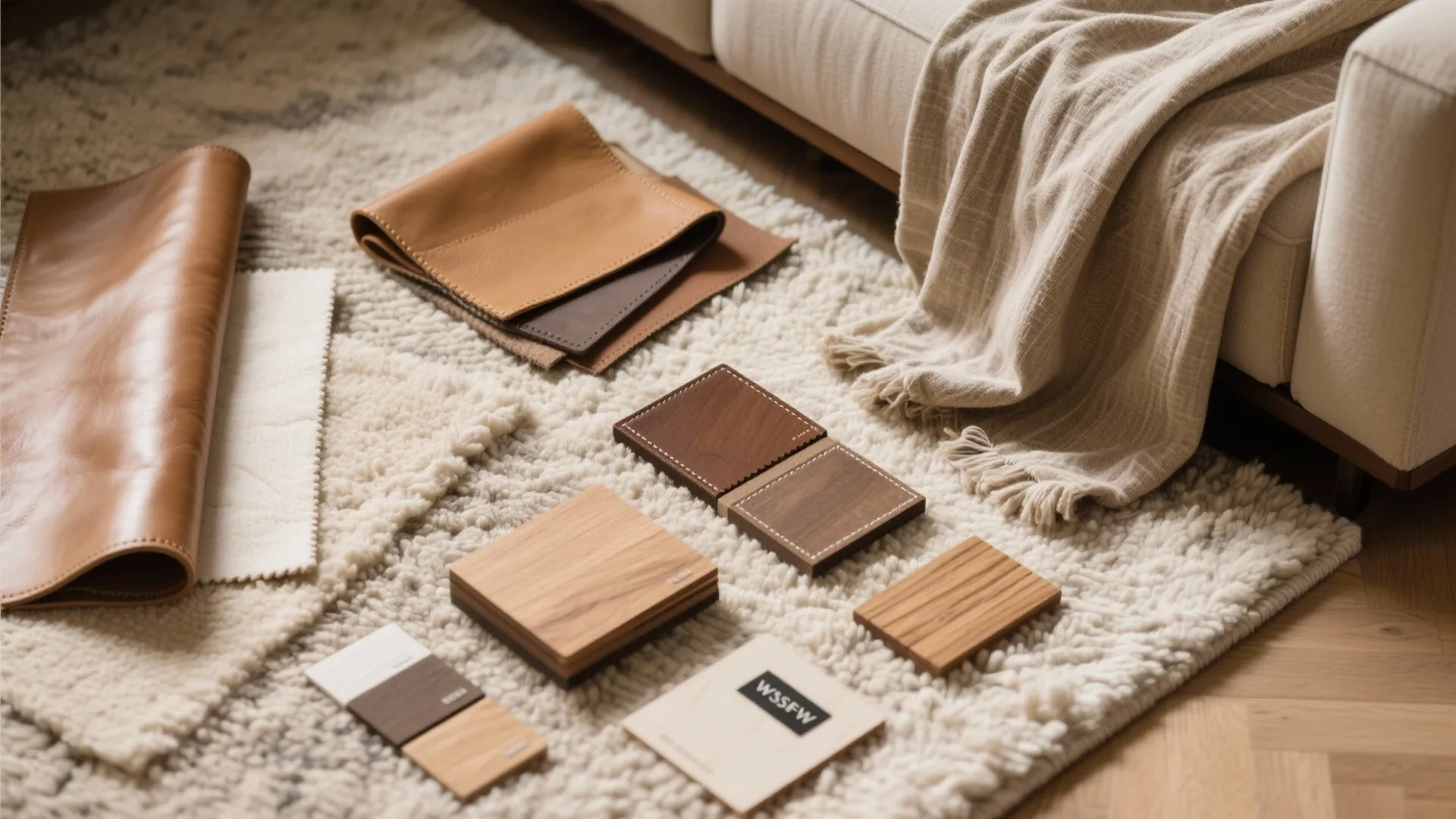 Flat lay of leather, linen, wood, and wool samples