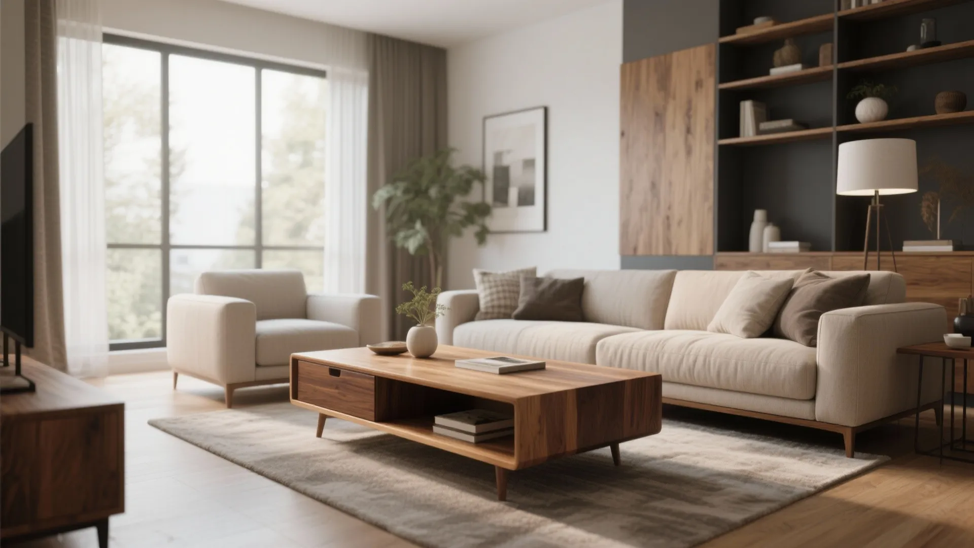 Modern living room with a wooden coffee table, beige sofa, floor lamp, and wall shelving