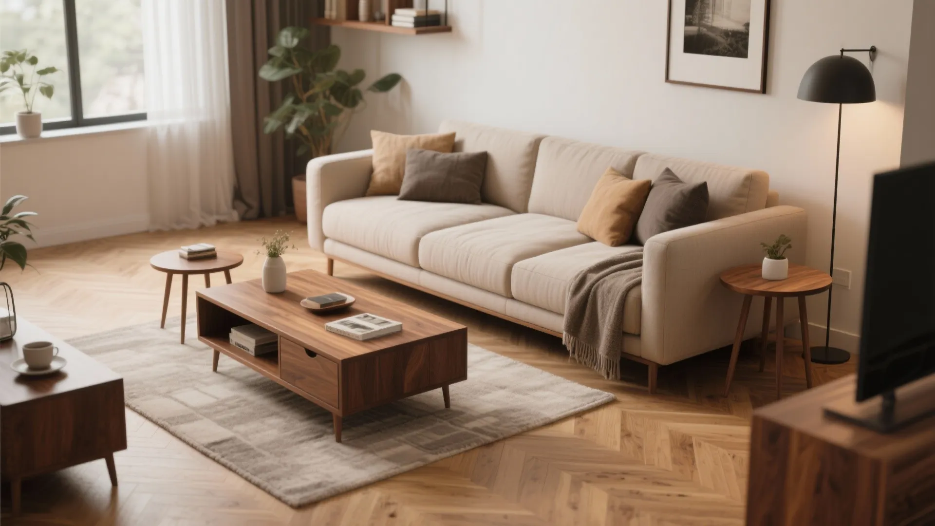Interior design drawing of a living room with wooden coffee table and light beige sofa
