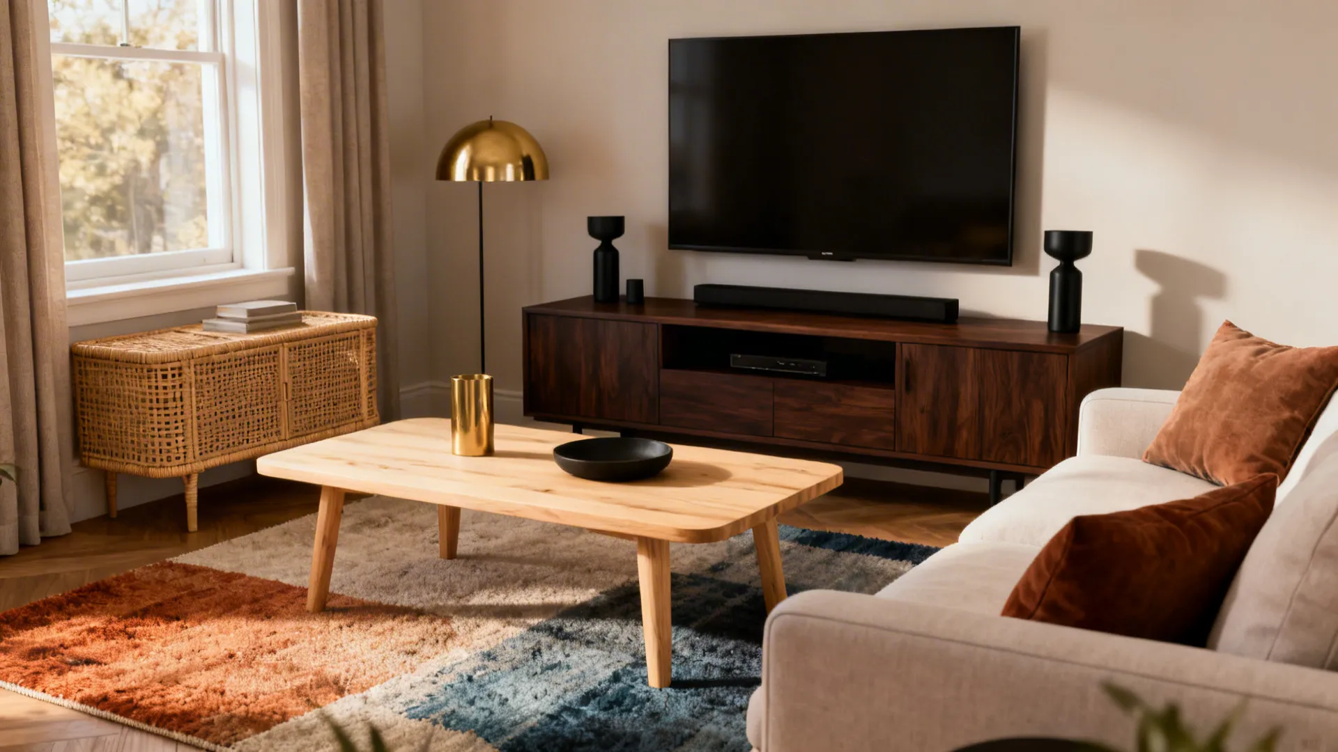 Living room design featuring dark wood cabinet, light wood coffee table, sofa, and colorful rug