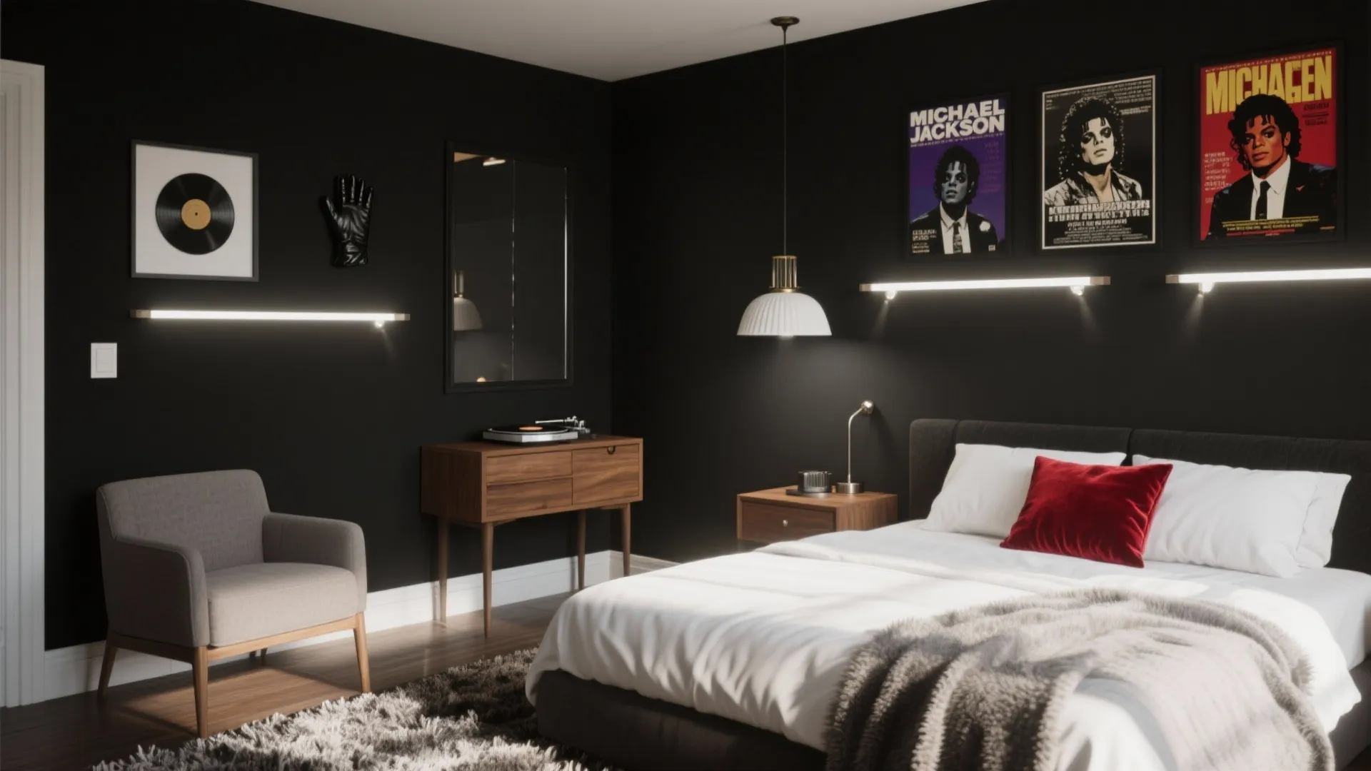 Modern black bedroom with white ceiling light posters on wall grey chair and wood bedside table