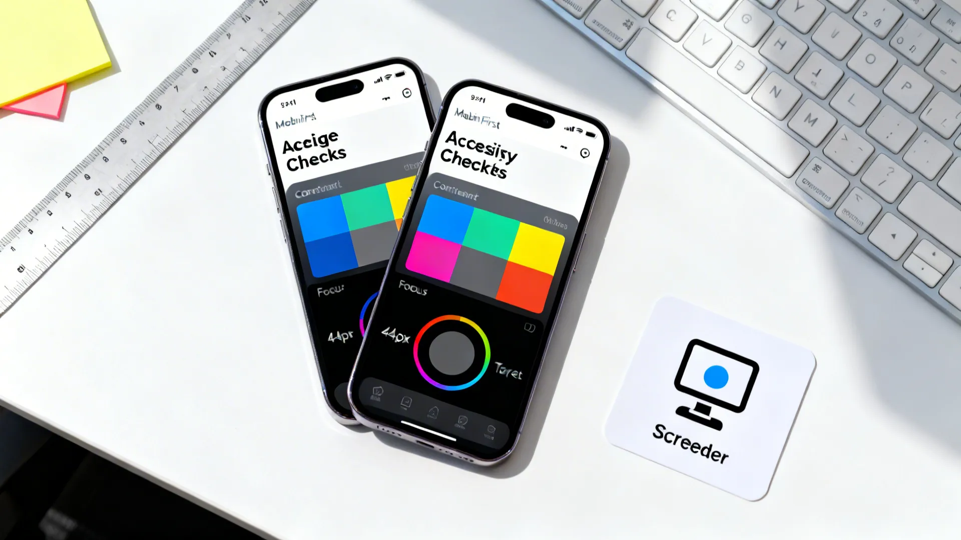 Top-down view of phones with high-contrast UI, tap target guides, and accessibility testing tools.