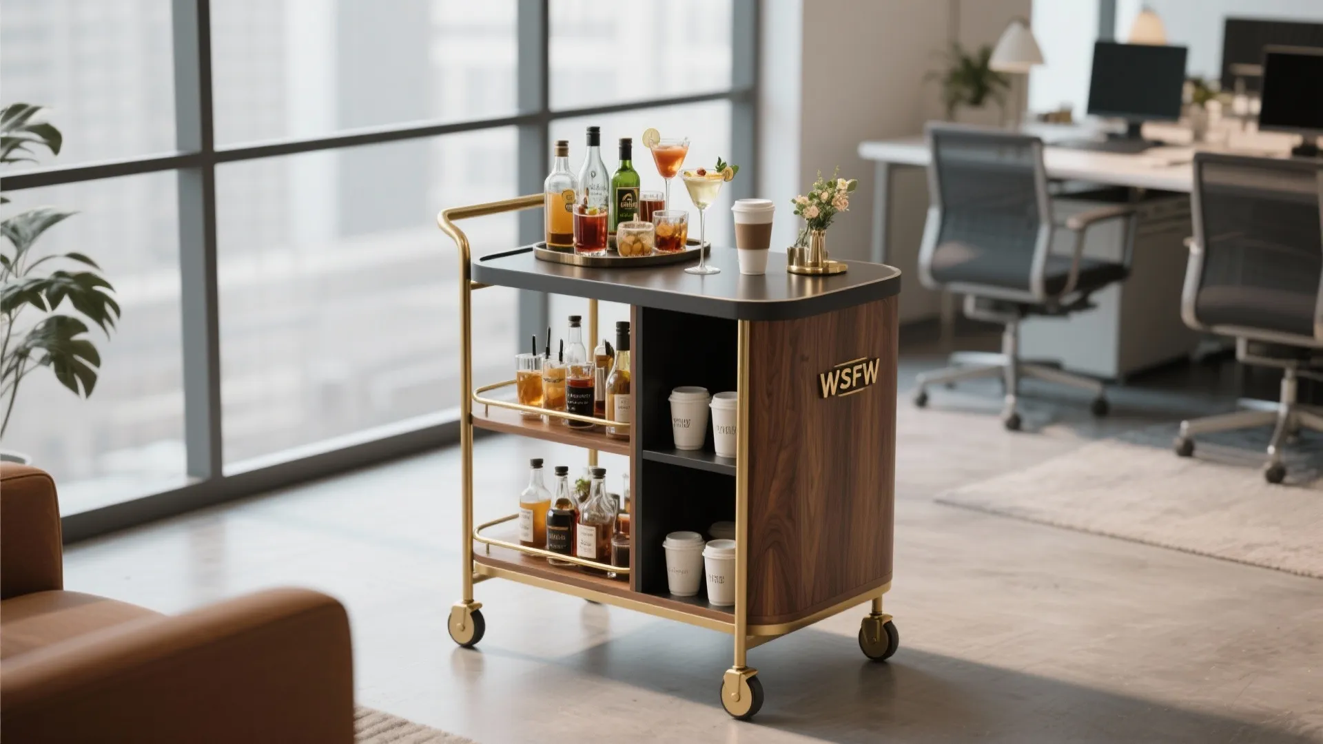 Mobile bar cart with drinks and coffee cups in a modern office near large windows