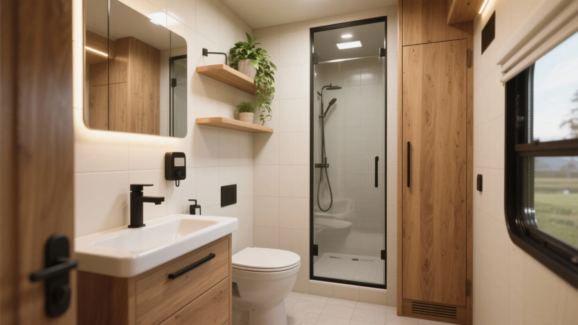 Modern bathroom with wooden cabinet white sink black faucet toilet glass shower door and plants