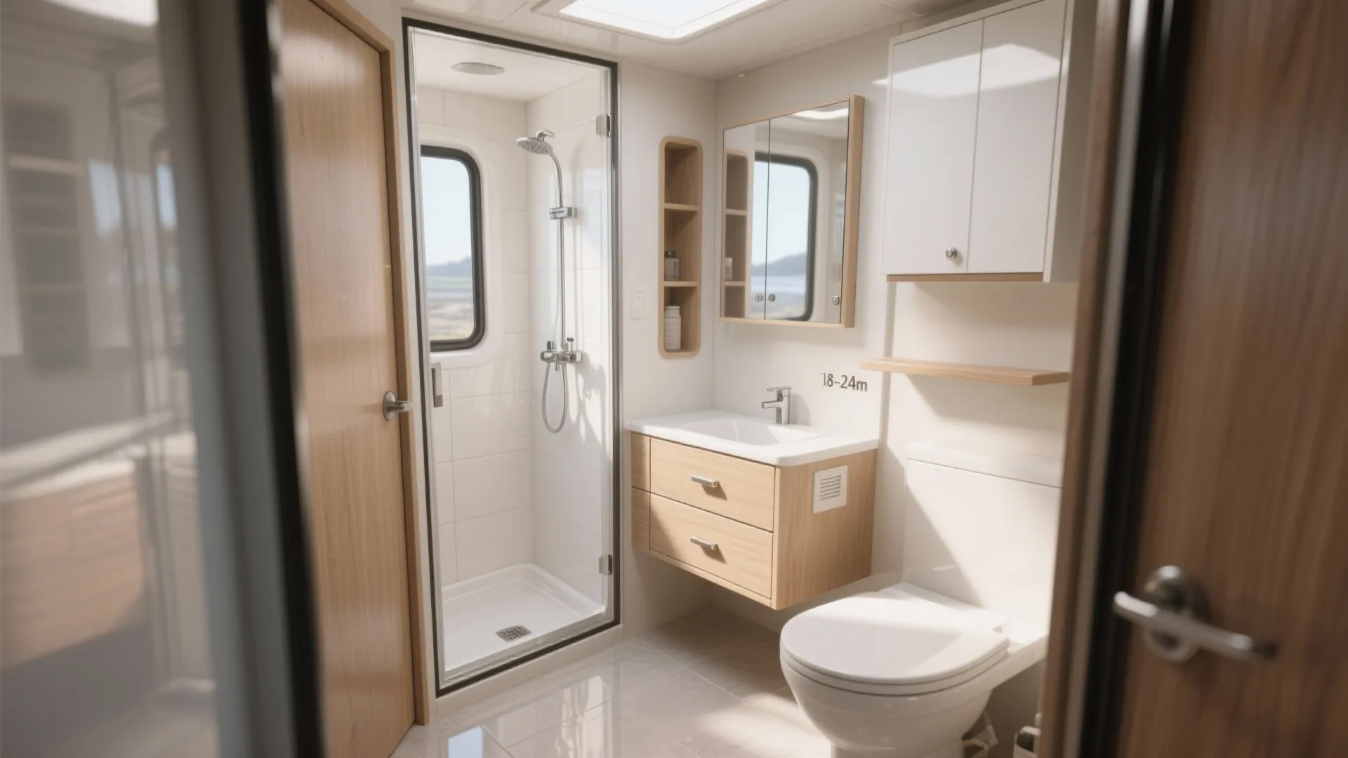 Modern small bathroom interior featuring glass shower cabin wooden cabinet white toilet and wall mirror
