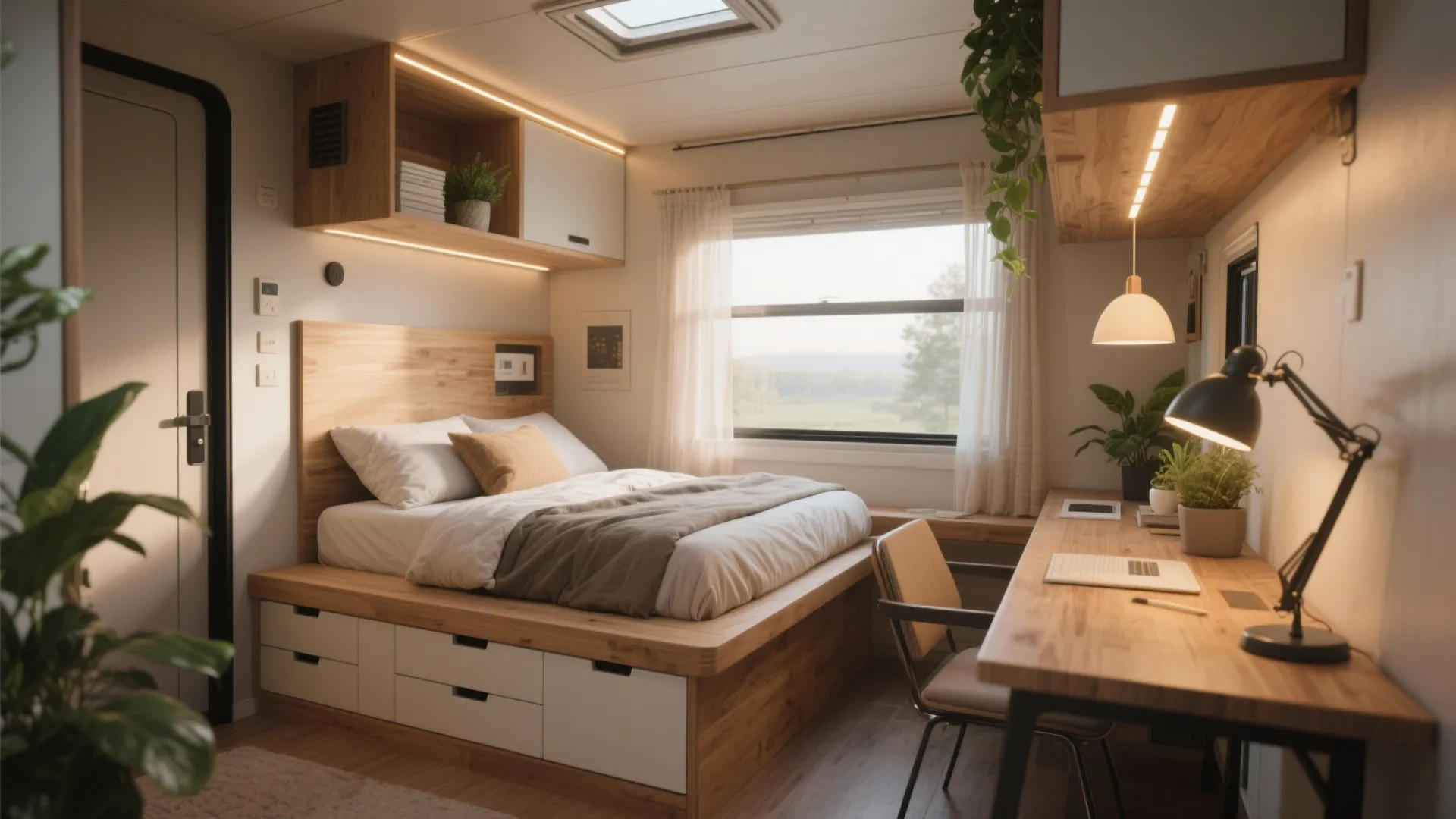 Compact modern bedroom featuring a wood platform bed with storage drawers and a wooden desk