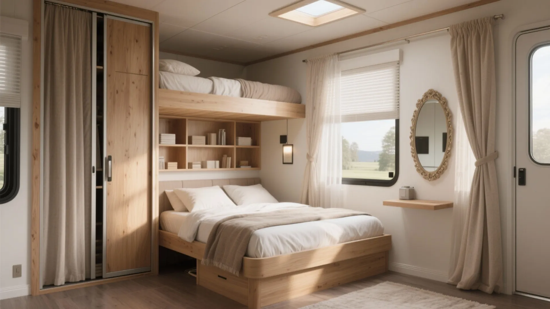 Modern small bedroom with wooden bunk bed built in shelving unit large wardrobe and round mirror
